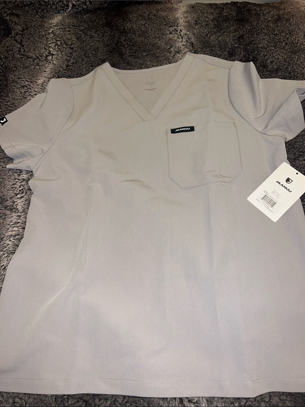 Jaanuu Women's V-Neck Chest Pocket Tee in Light Gray